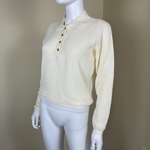 Rag & Bone Women Size M Ivory Vivi Pointelle Knit Polo Sweater Top Minimalist - Picture 13 of 15